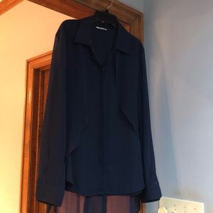 Dk blue sheet sleeves and sheer overlay over polyester blouse